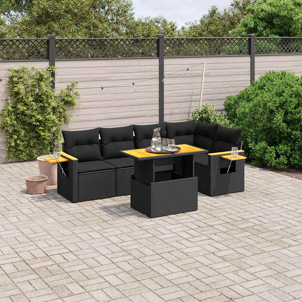 6-delige Loungeset met kussens poly rattan zwart – afbeelding 1
