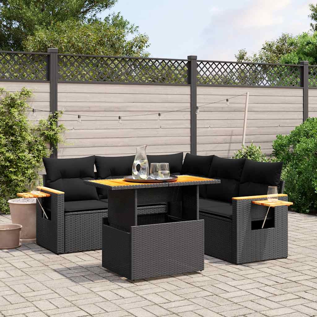 6-delige Loungeset met kussens poly rattan zwart – afbeelding 1