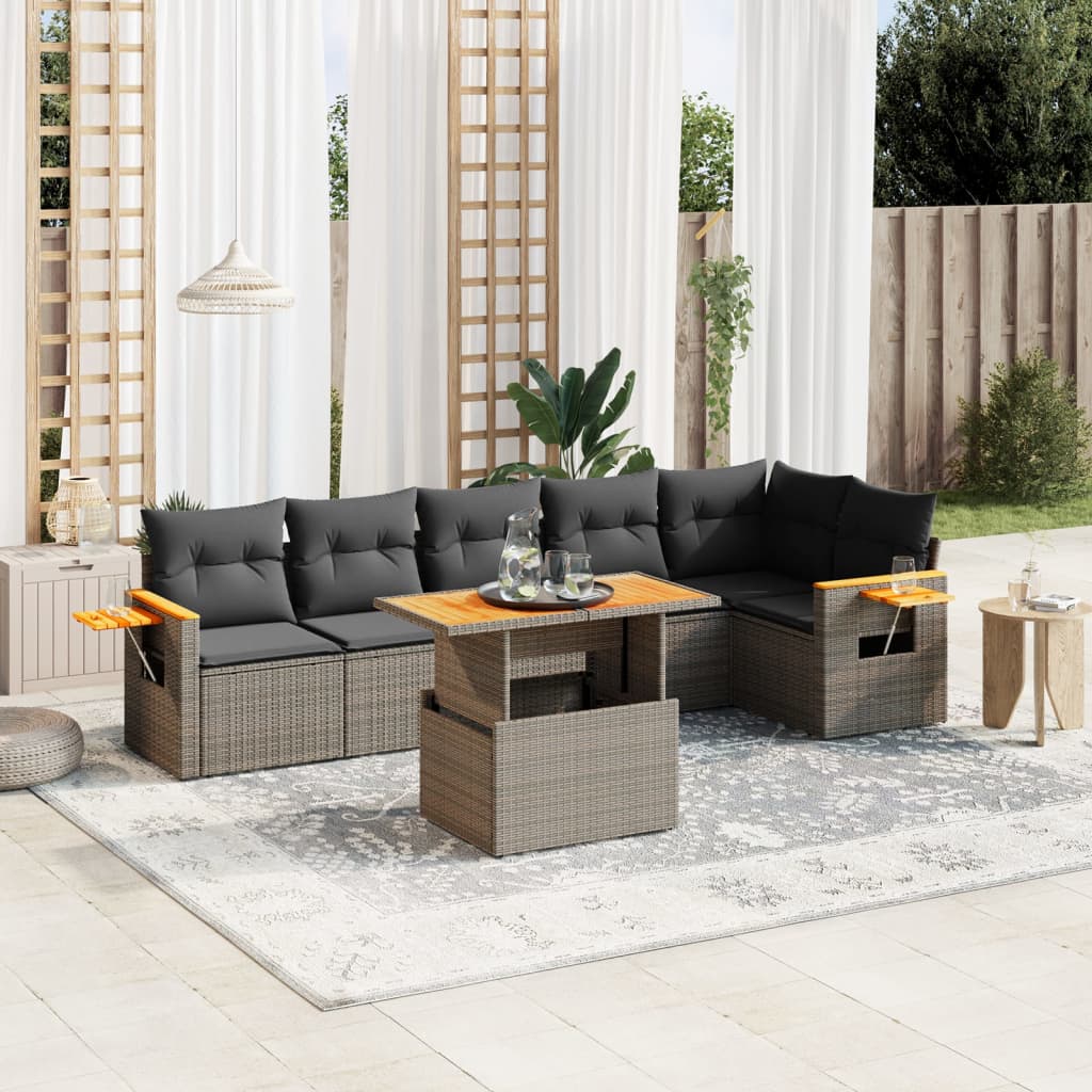 7-delige Loungeset met kussens poly rattan grijs – afbeelding 1