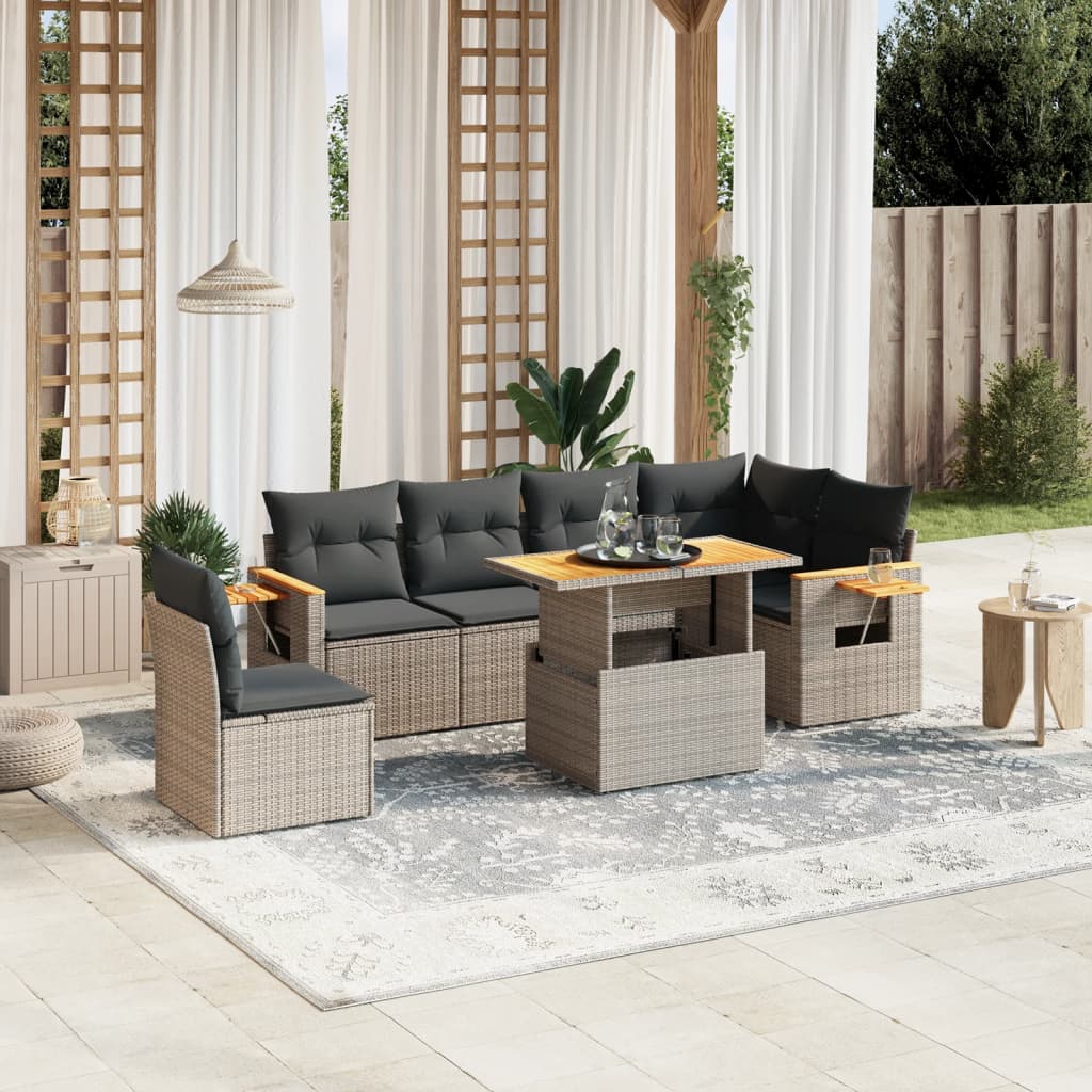 7-delige Loungeset met kussens poly rattan grijs – afbeelding 1