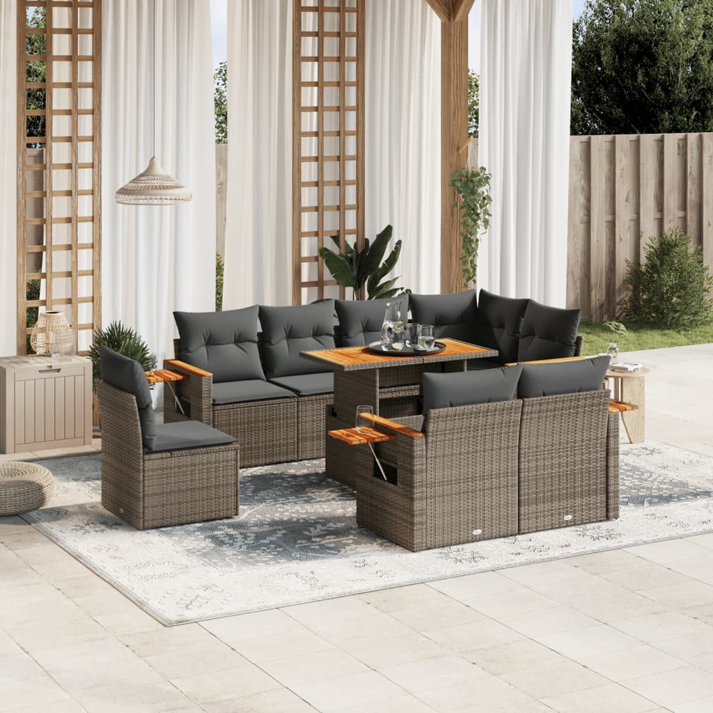 9-delige Loungeset met kussens poly rattan grijs – afbeelding 1