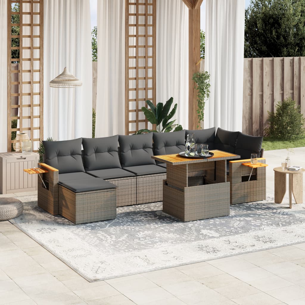 8-delige Loungeset met kussens poly rattan grijs – afbeelding 1