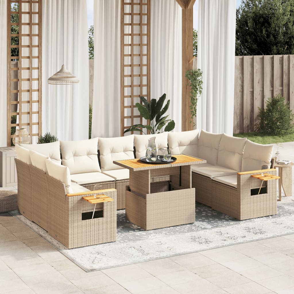 10-delige Loungeset met kussens poly rattan beige – afbeelding 1