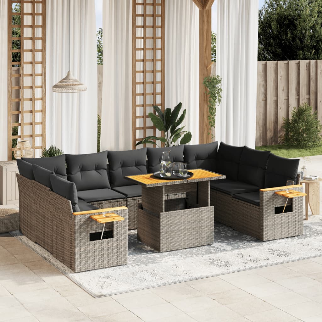 10-delige Loungeset met kussens poly rattan grijs – afbeelding 1