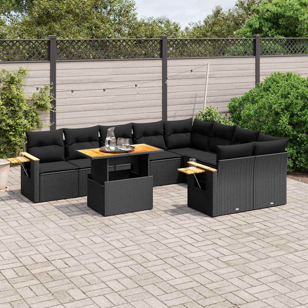 10-delige Loungeset met kussens poly rattan zwart – afbeelding 1
