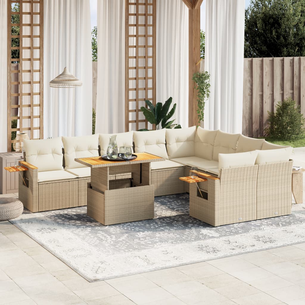 10-delige Loungeset met kussens poly rattan beige – afbeelding 1