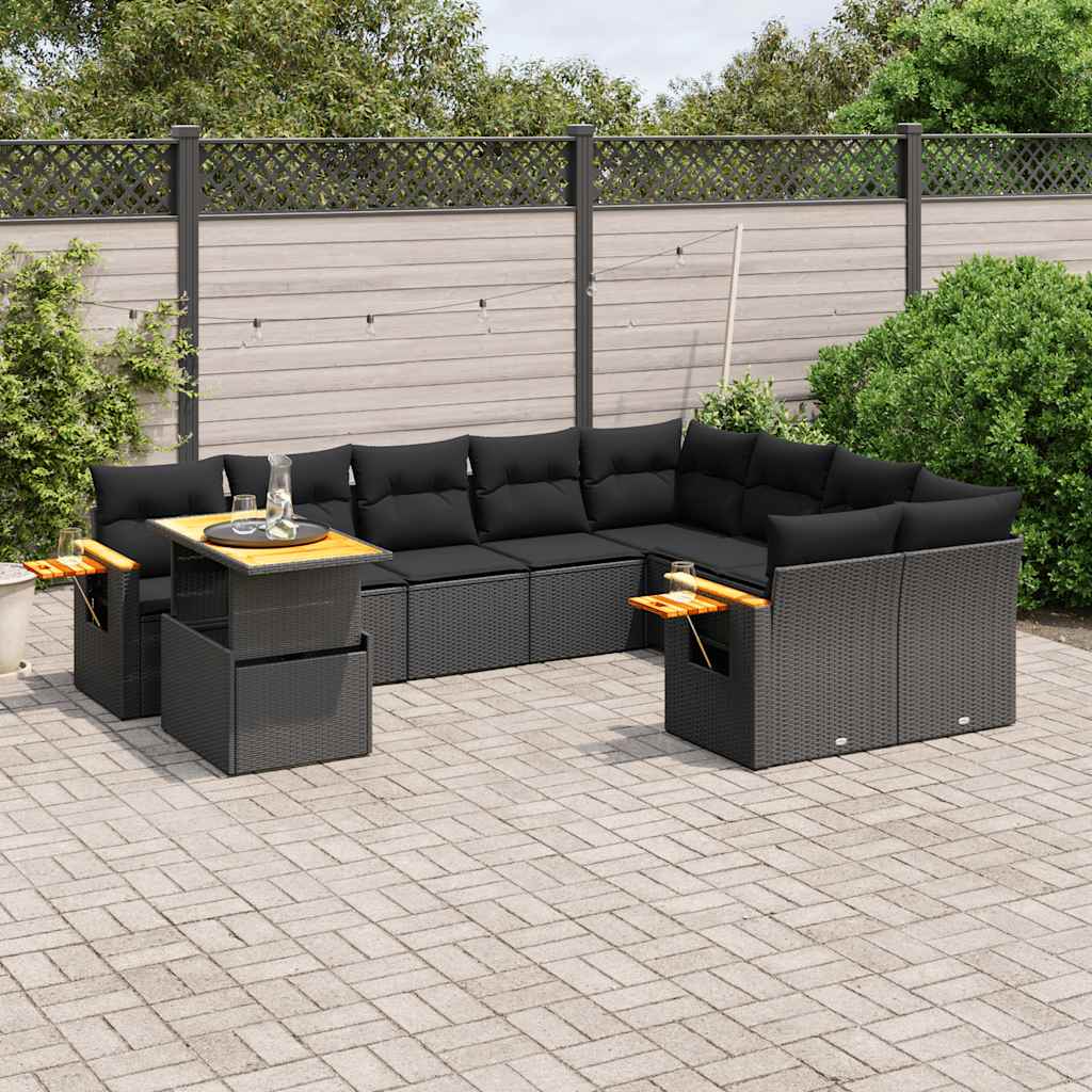 10-delige Loungeset met kussens poly rattan zwart – afbeelding 1