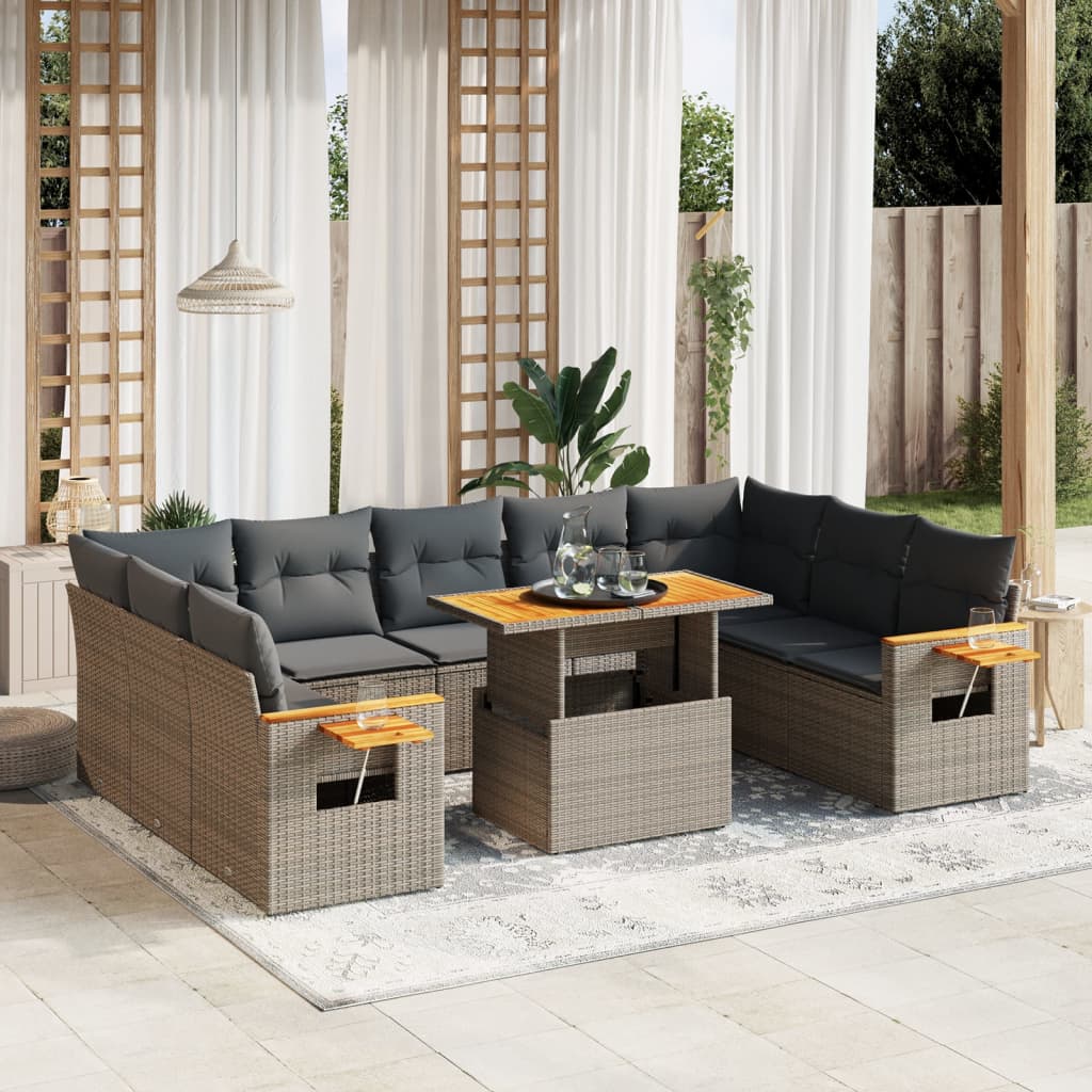 11-delige Loungeset met kussens poly rattan grijs – afbeelding 1