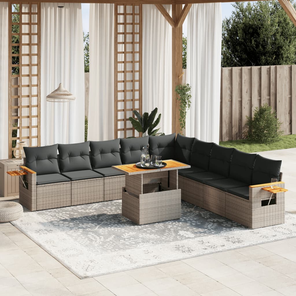 11-delige Loungeset met kussens poly rattan grijs – afbeelding 1