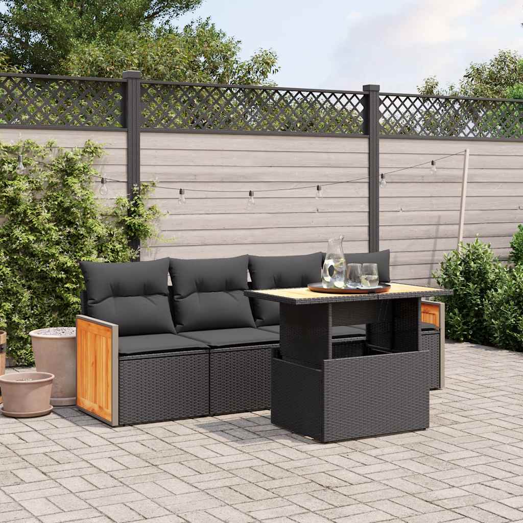 5-delige Loungeset met kussens poly rattan zwart – afbeelding 1