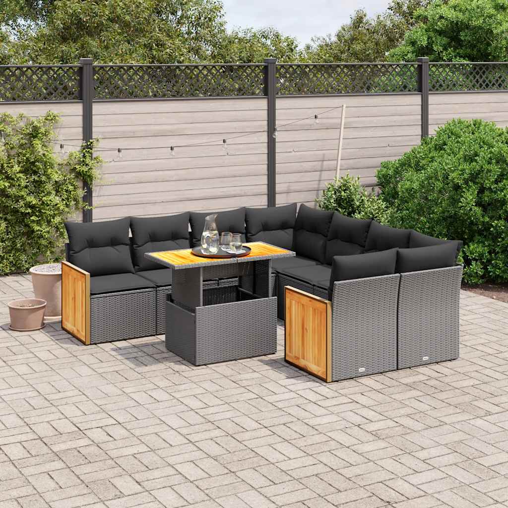 9-delige Loungeset met kussens poly rattan zwart – afbeelding 1