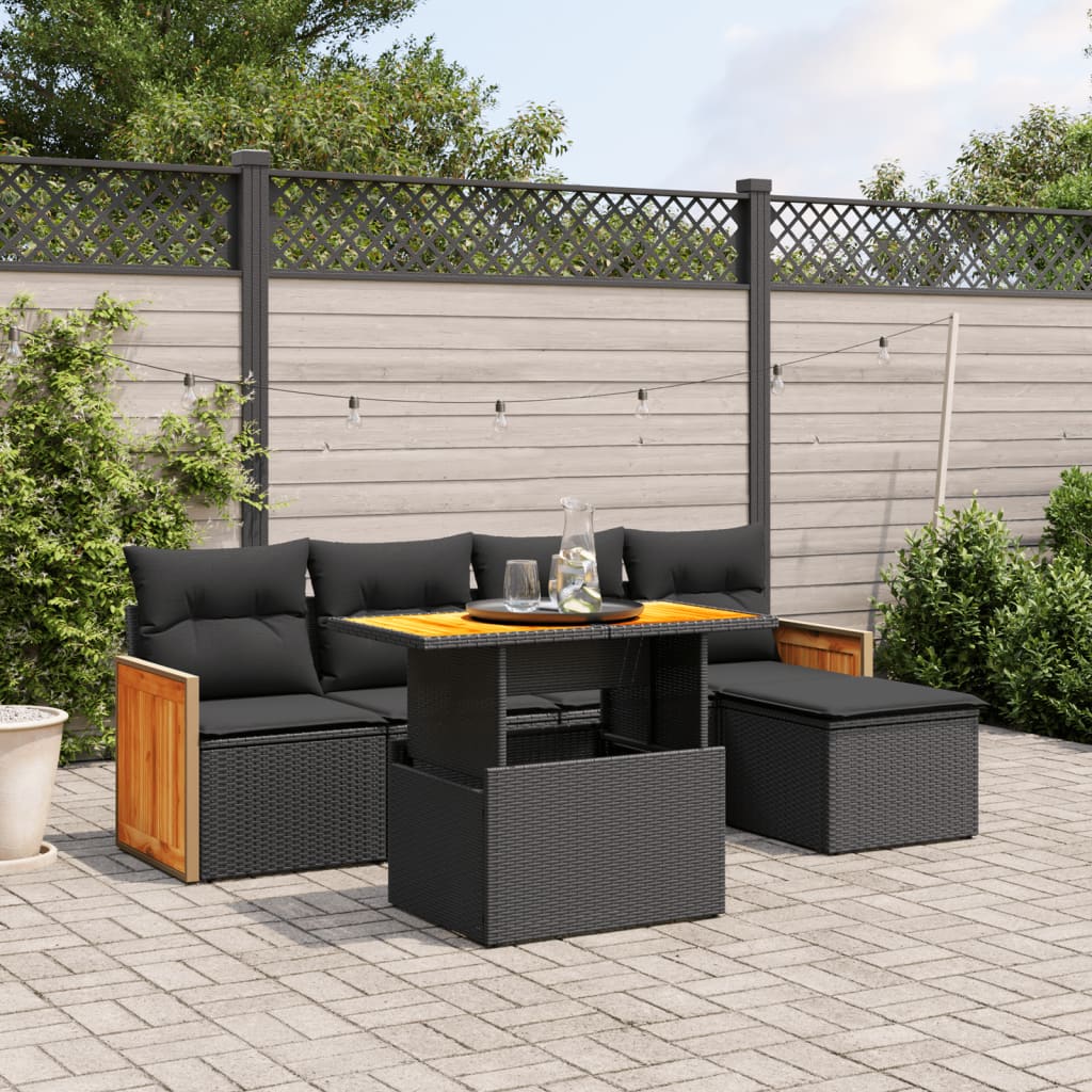 6-delige Loungeset met kussens poly rattan zwart – afbeelding 1
