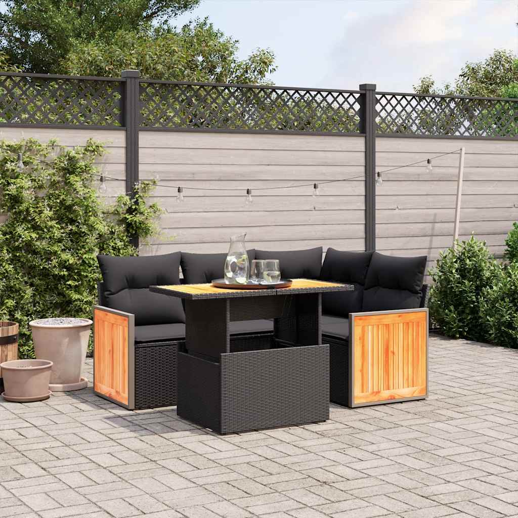 5-delige Loungeset met kussens poly rattan zwart – afbeelding 1
