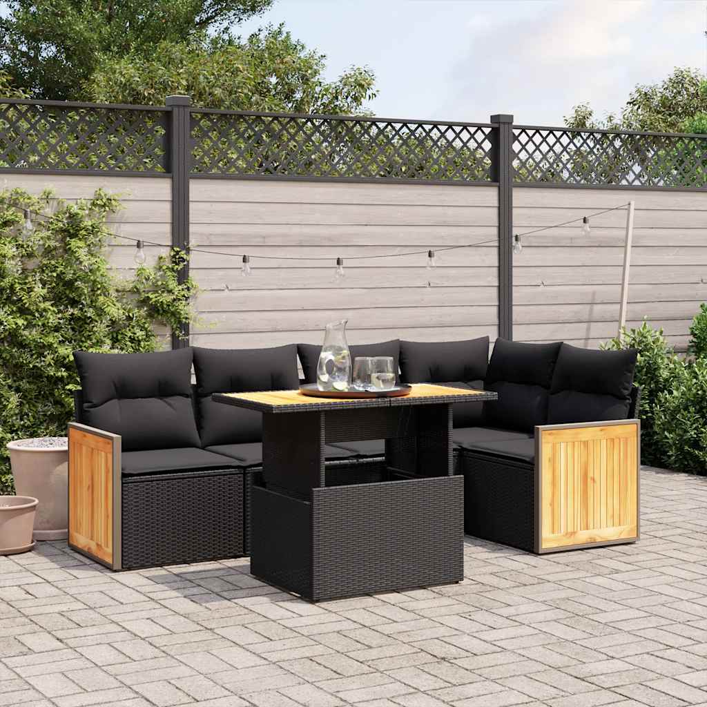 6-delige Loungeset met kussens poly rattan zwart – afbeelding 1