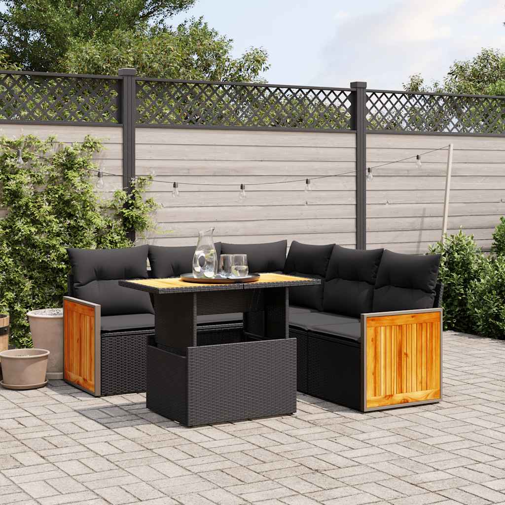 6-delige Loungeset met kussens poly rattan zwart – afbeelding 1