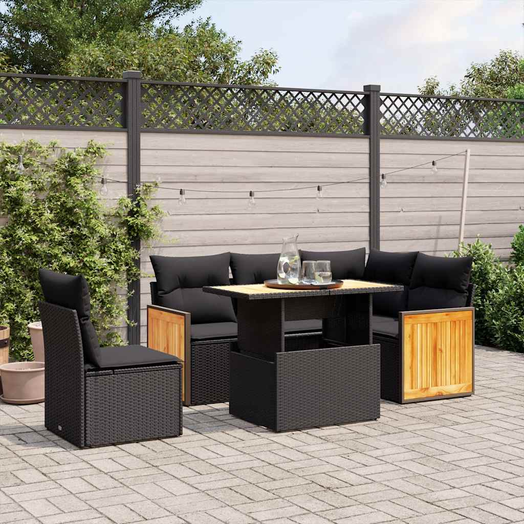 6-delige Loungeset met kussens poly rattan zwart – afbeelding 1