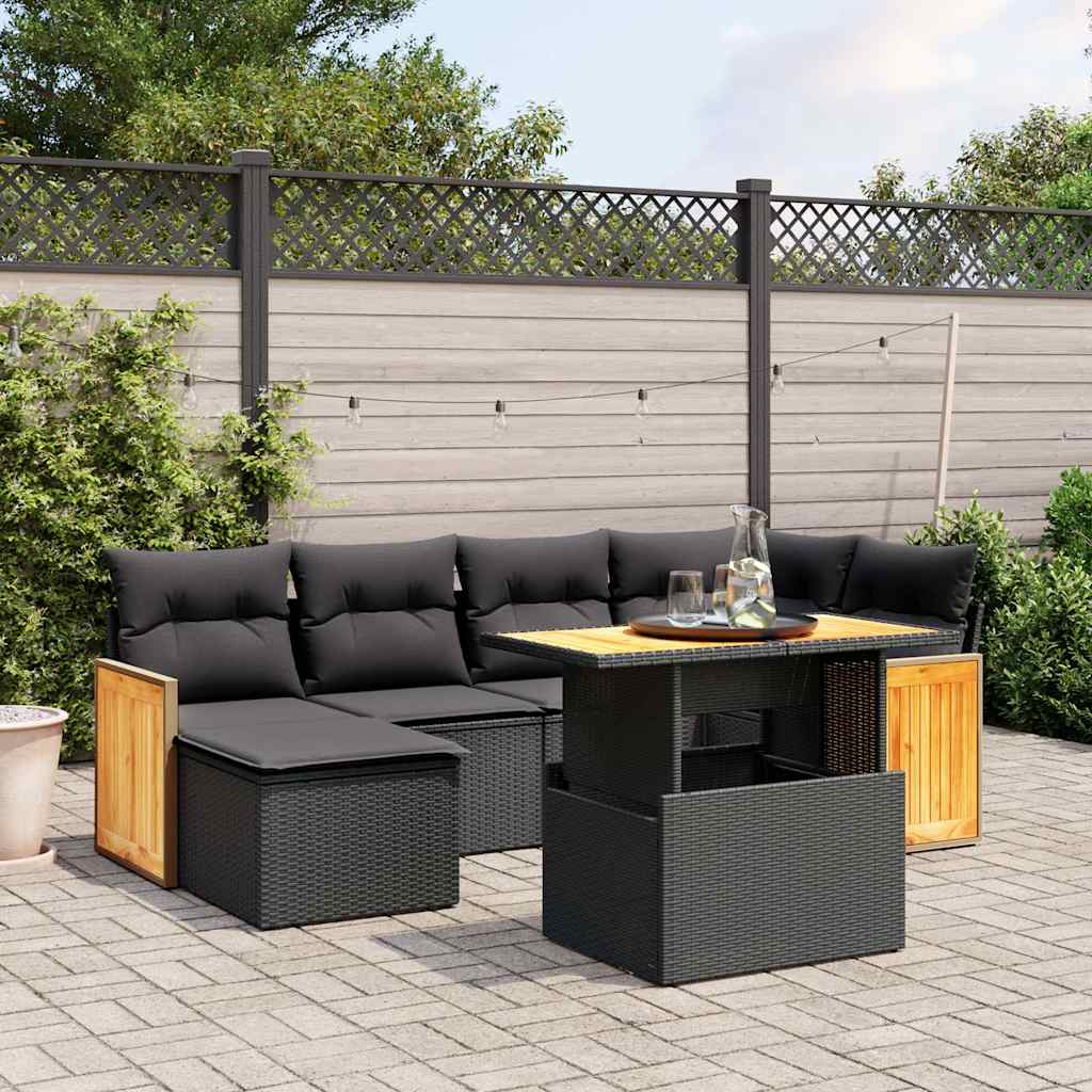 7-delige Loungeset met kussens poly rattan zwart – afbeelding 1