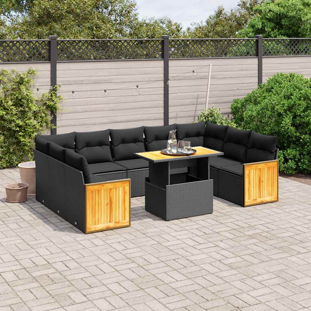 10-delige Loungeset met kussens poly rattan zwart – afbeelding 1