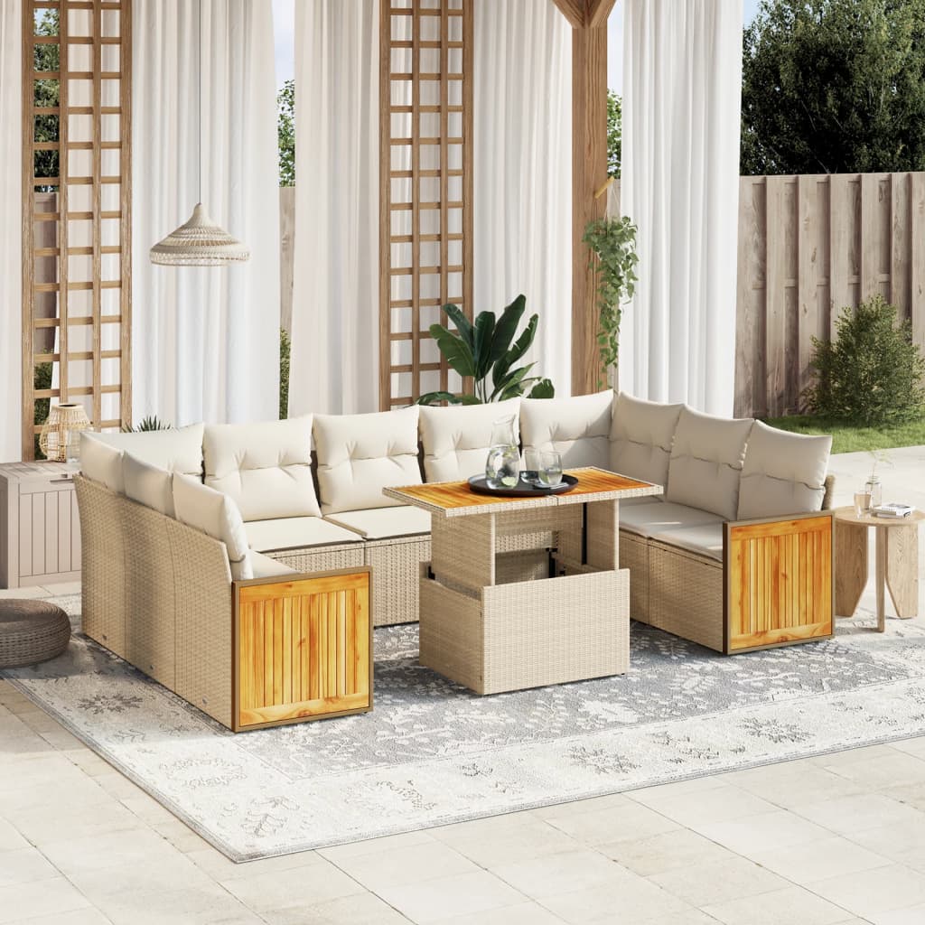 10-delige Loungeset met kussens poly rattan beige – afbeelding 1