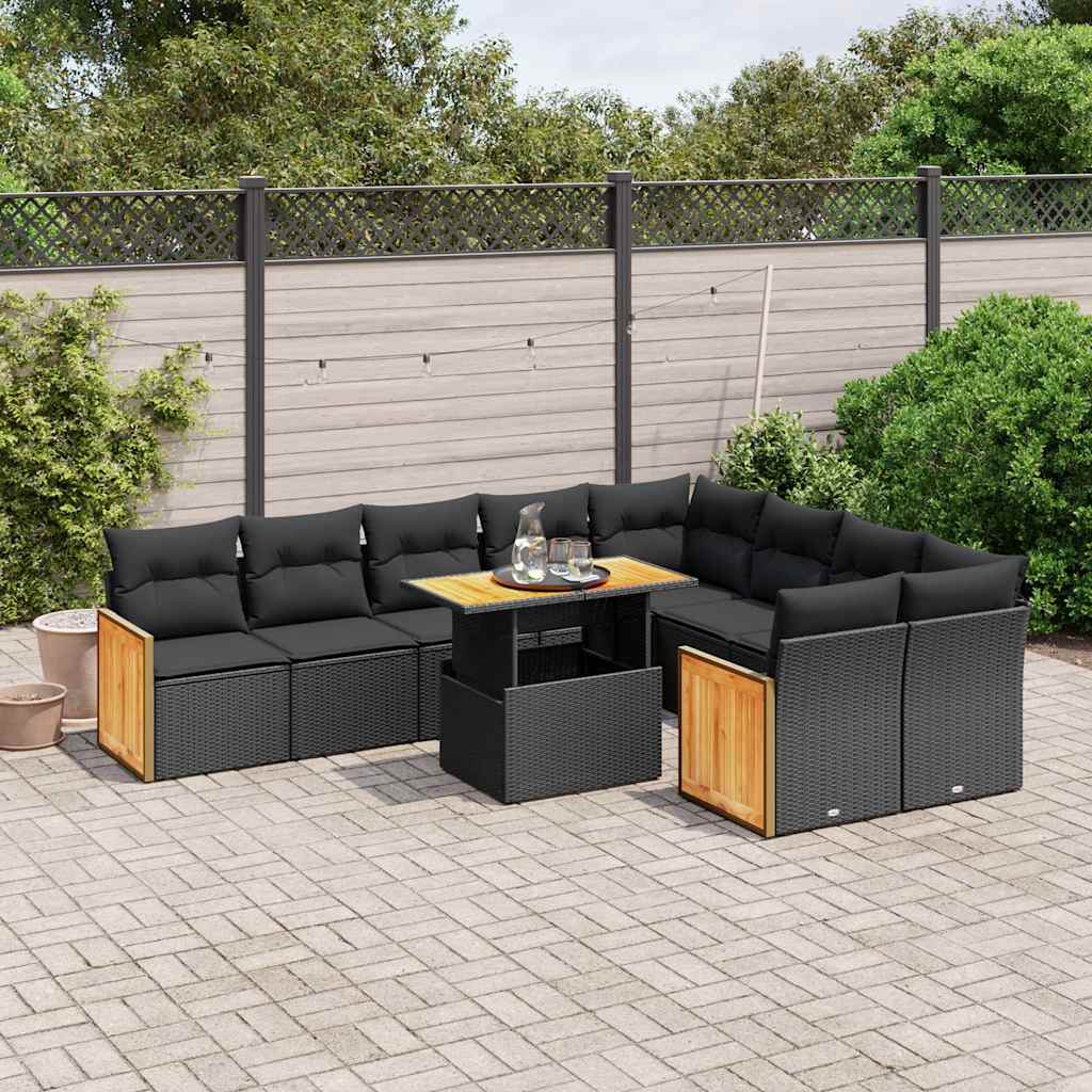 10-delige Loungeset met kussens poly rattan zwart – afbeelding 1