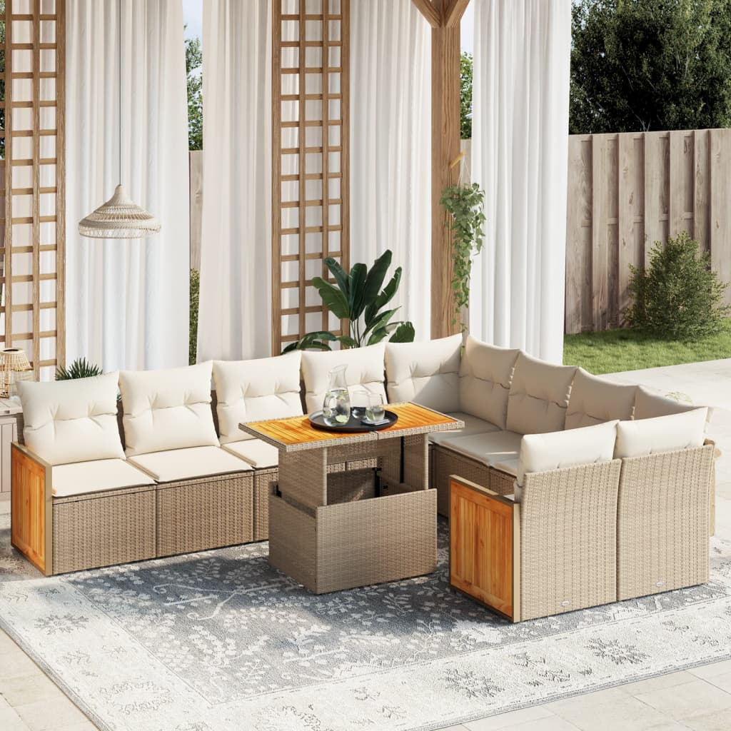 10-delige Loungeset met kussens poly rattan beige – afbeelding 1