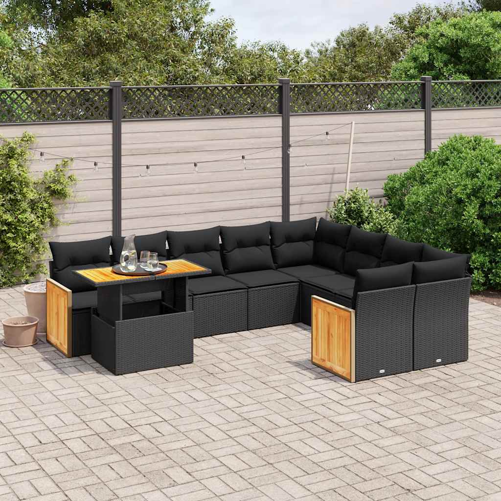 10-delige Loungeset met kussens poly rattan zwart – afbeelding 1