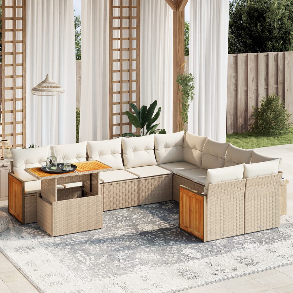 10-delige Loungeset met kussens poly rattan beige – afbeelding 1