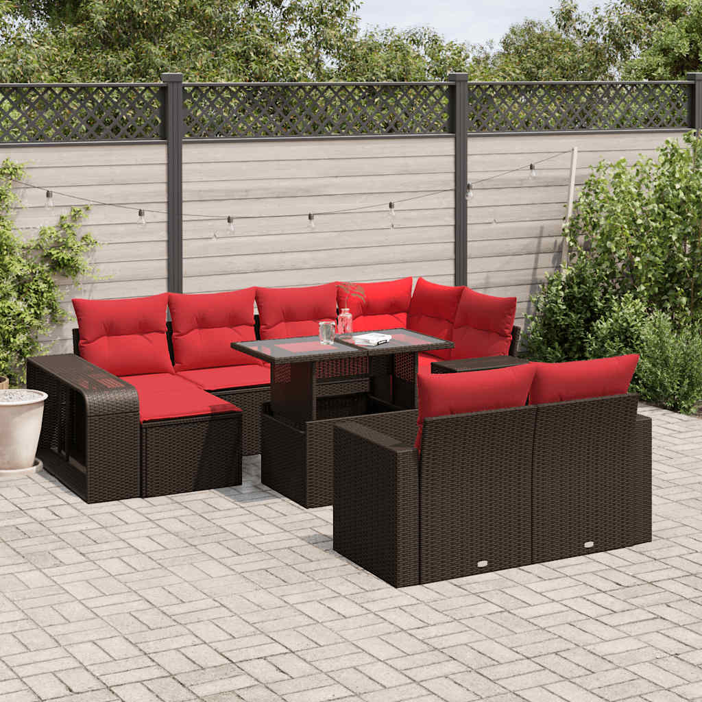 11-delige tuinbankset met kussens, bruin polyrotan – afbeelding 1