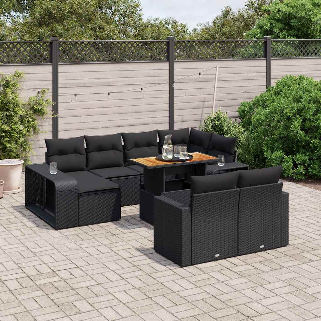 11-delige Loungeset met kussens poly rattan zwart – afbeelding 1