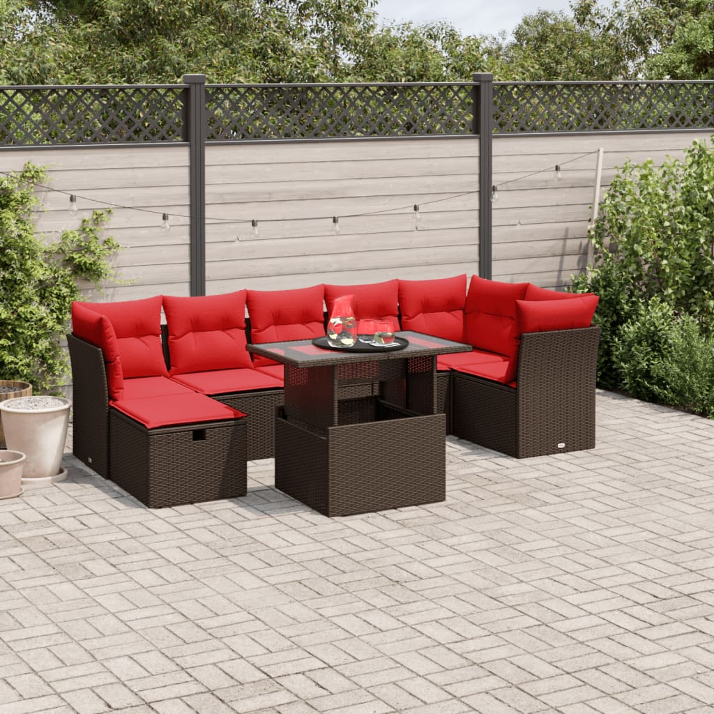 8-delige tuinbankset met kussens, bruin polyrotan – afbeelding 1