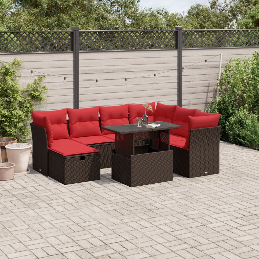 8-delige tuinbankset met kussens, bruin polyrotan – afbeelding 1