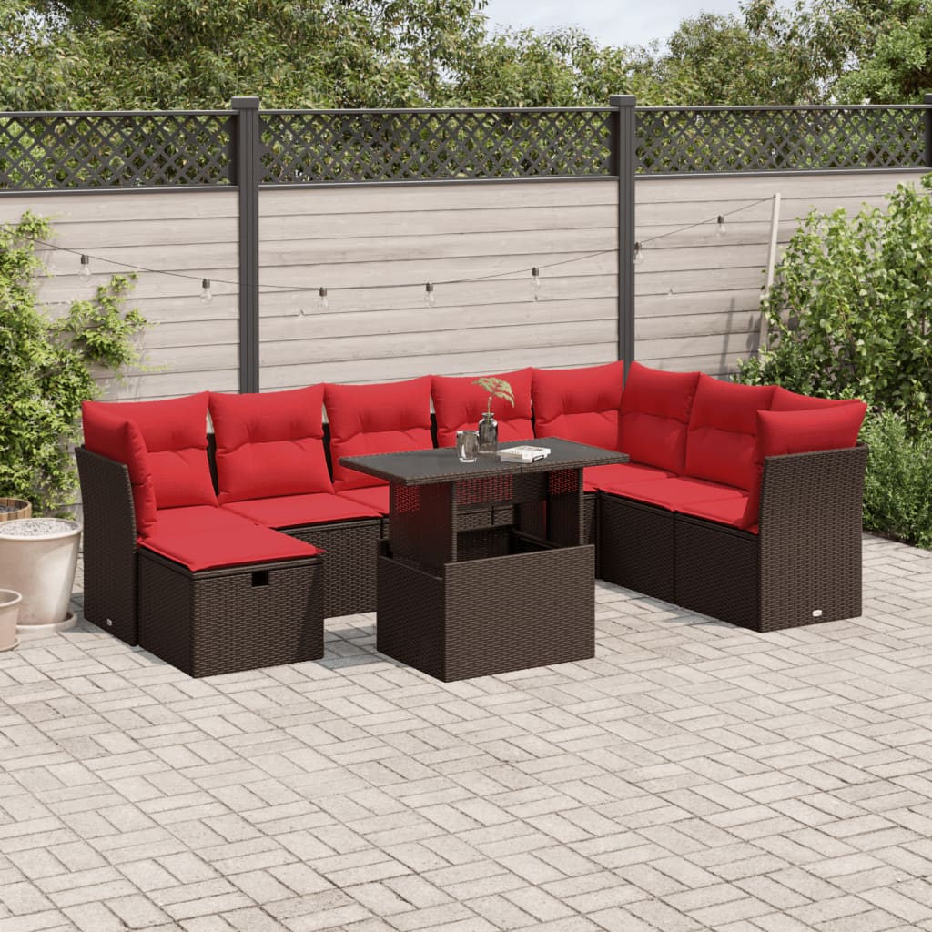 9-delige tuinbankset met kussens, bruin polyrotan – afbeelding 1
