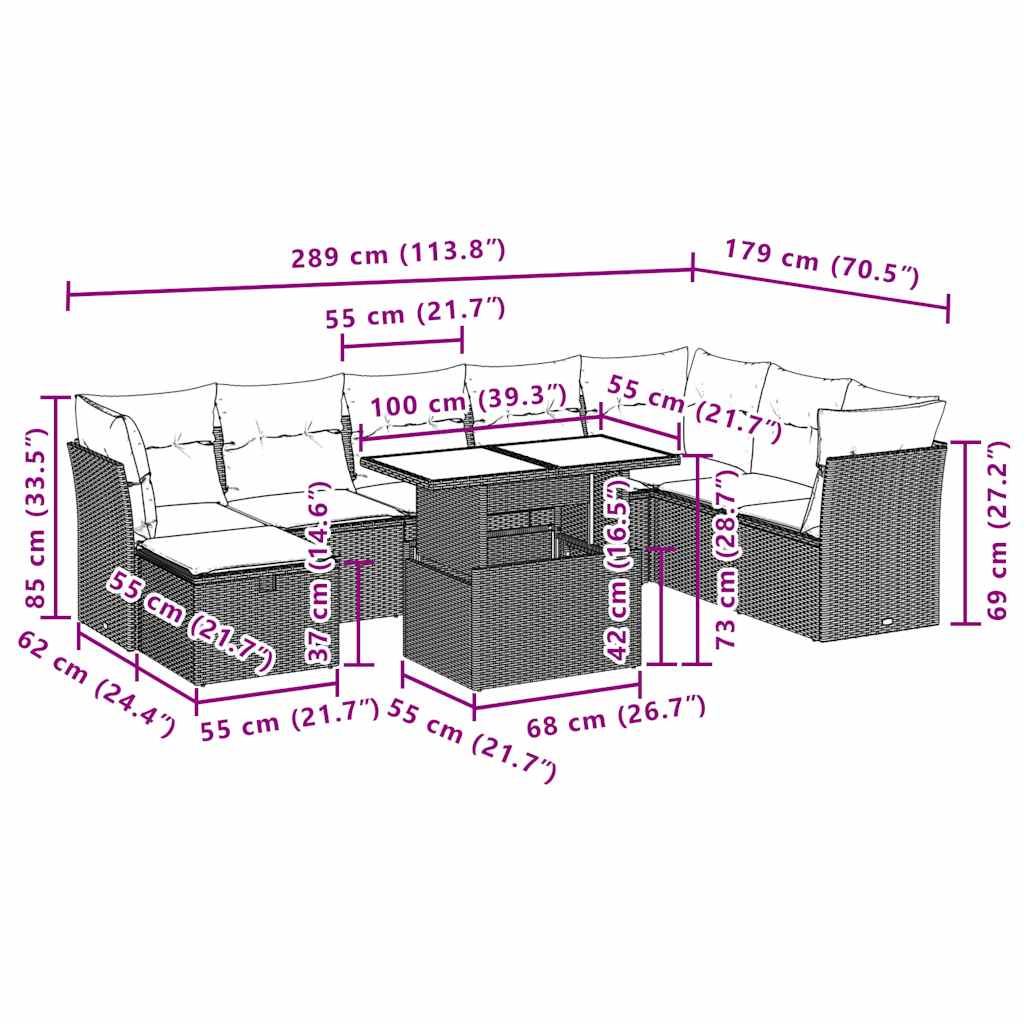 9-delige tuinbankset met kussens, bruin polyrotan – afbeelding 12