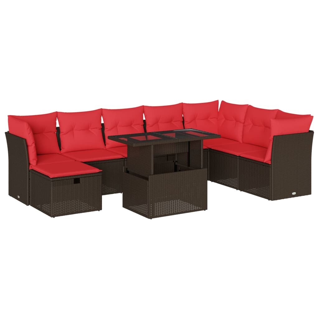 9-delige tuinbankset met kussens, bruin polyrotan – afbeelding 2