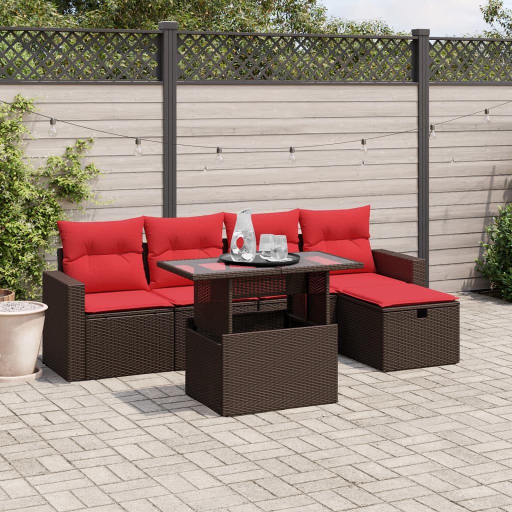 6-delige tuinbankset met kussens, bruin polyrotan – afbeelding 1