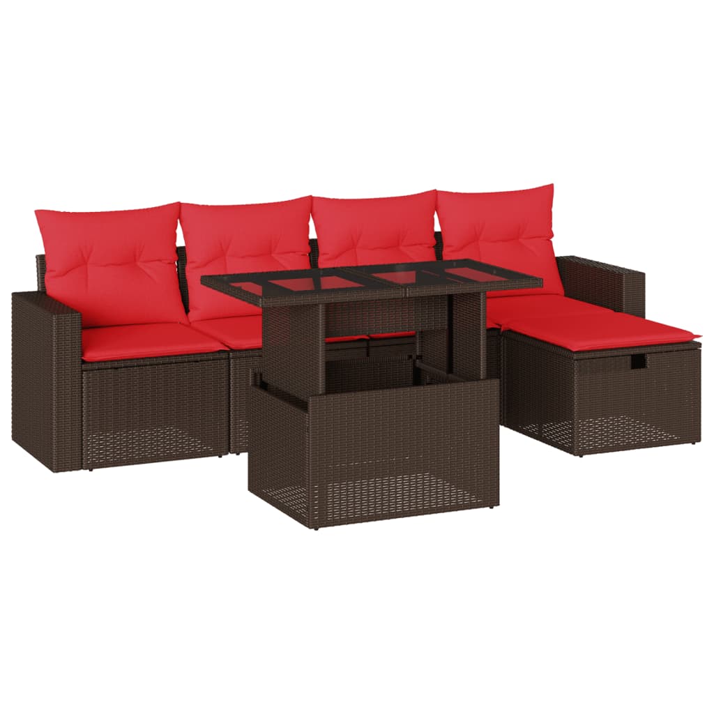 6-delige tuinbankset met kussens, bruin polyrotan – afbeelding 2