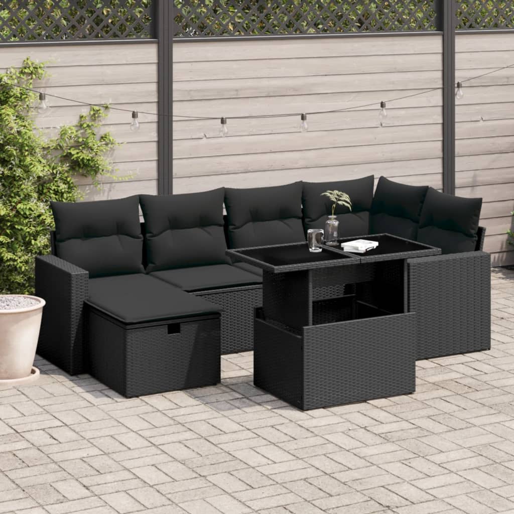 7-delige Loungeset met kussens poly rattan zwart – afbeelding 1