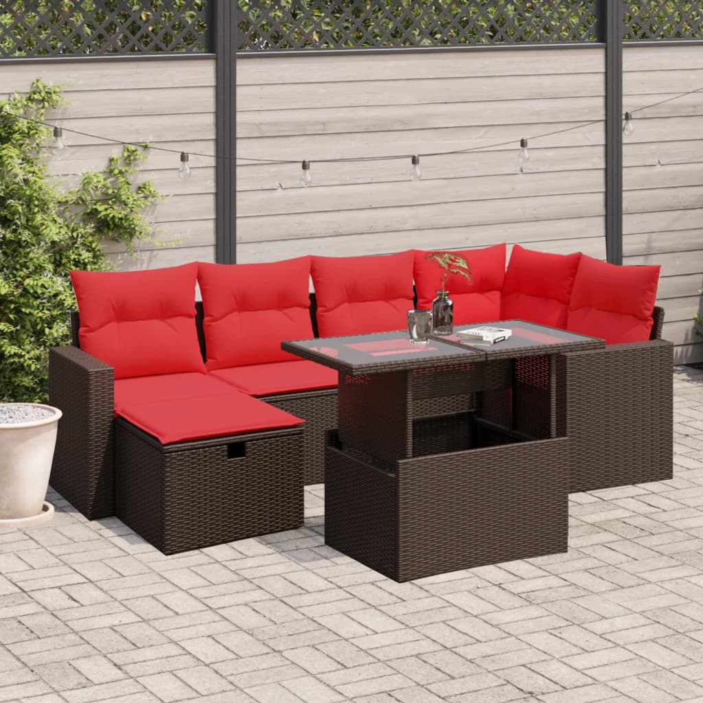 7-delige tuinbankset met kussens, bruin polyrotan – afbeelding 1