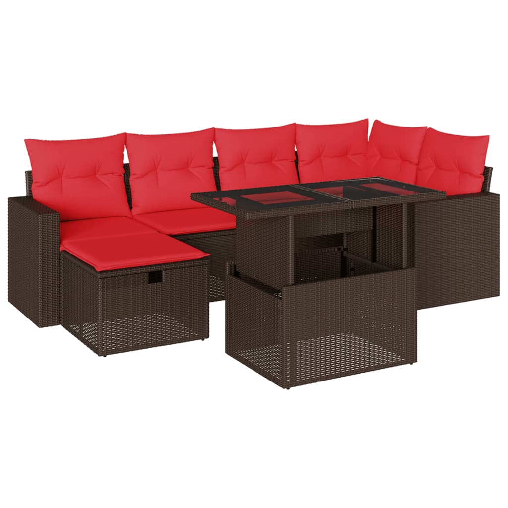 7-delige tuinbankset met kussens, bruin polyrotan – afbeelding 2