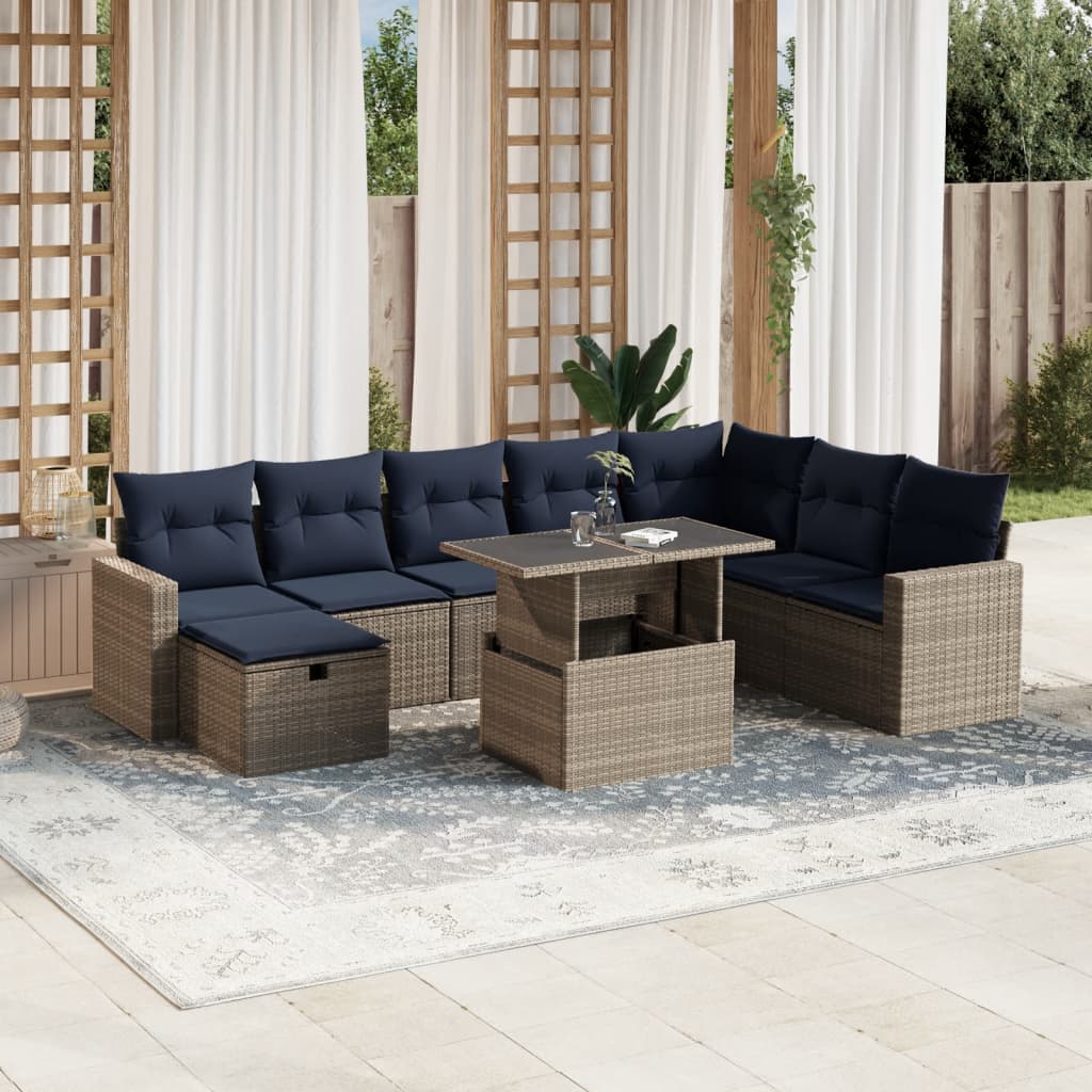 9-delige tuinbankset met kussens, grijs polyrotan – afbeelding 1