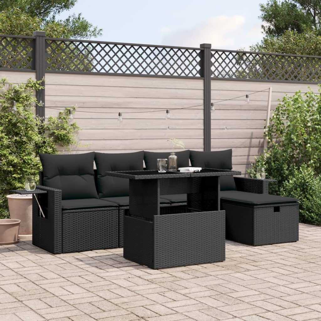 6-delige Loungeset met kussens poly rattan zwart – afbeelding 1
