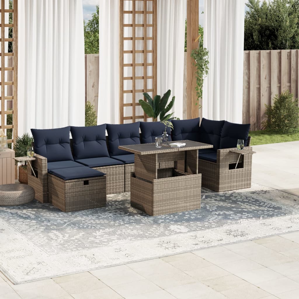 8-delige tuinbankset met kussens, grijs polyrotan – afbeelding 1