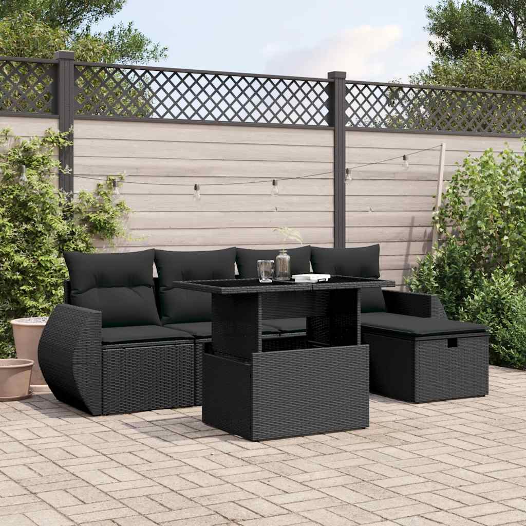 6-delige Loungeset met kussens poly rattan zwart – afbeelding 1