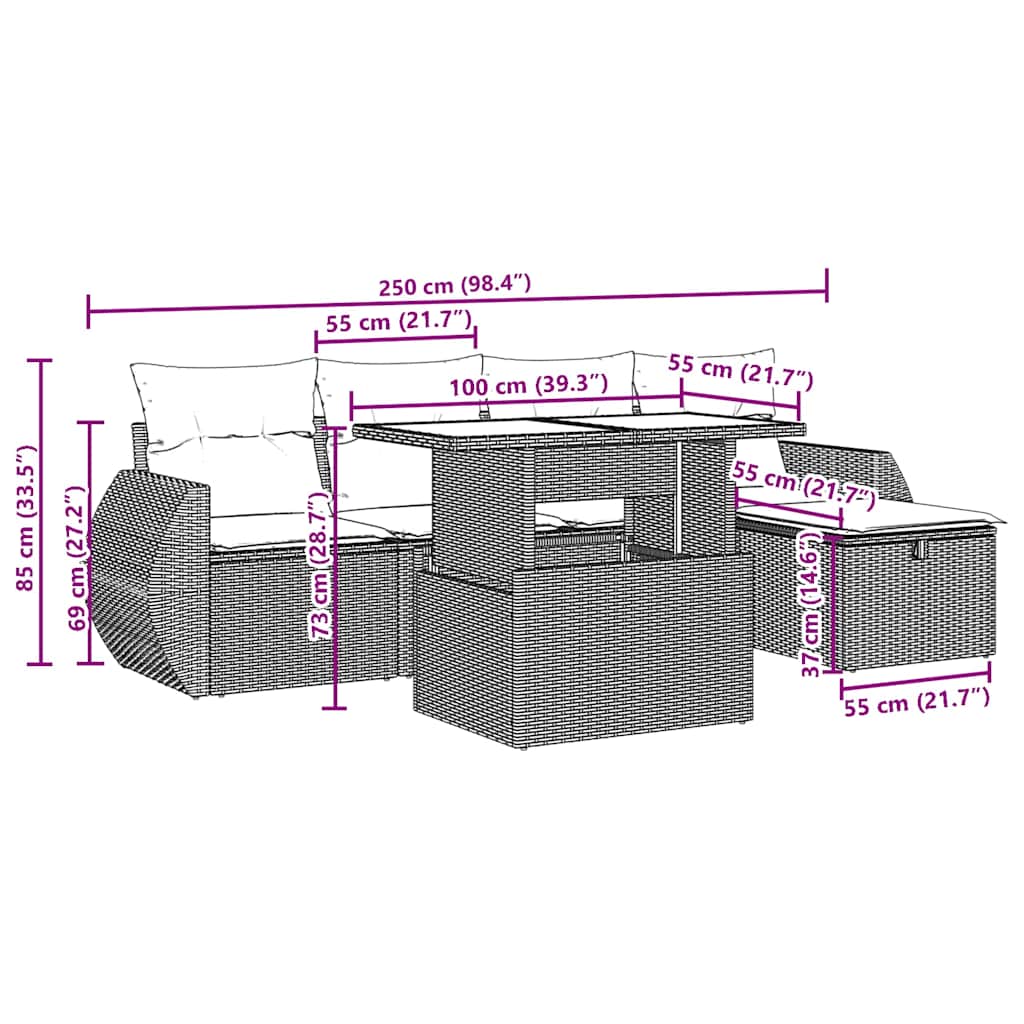 6-delige Loungeset met kussens poly rattan zwart – afbeelding 12