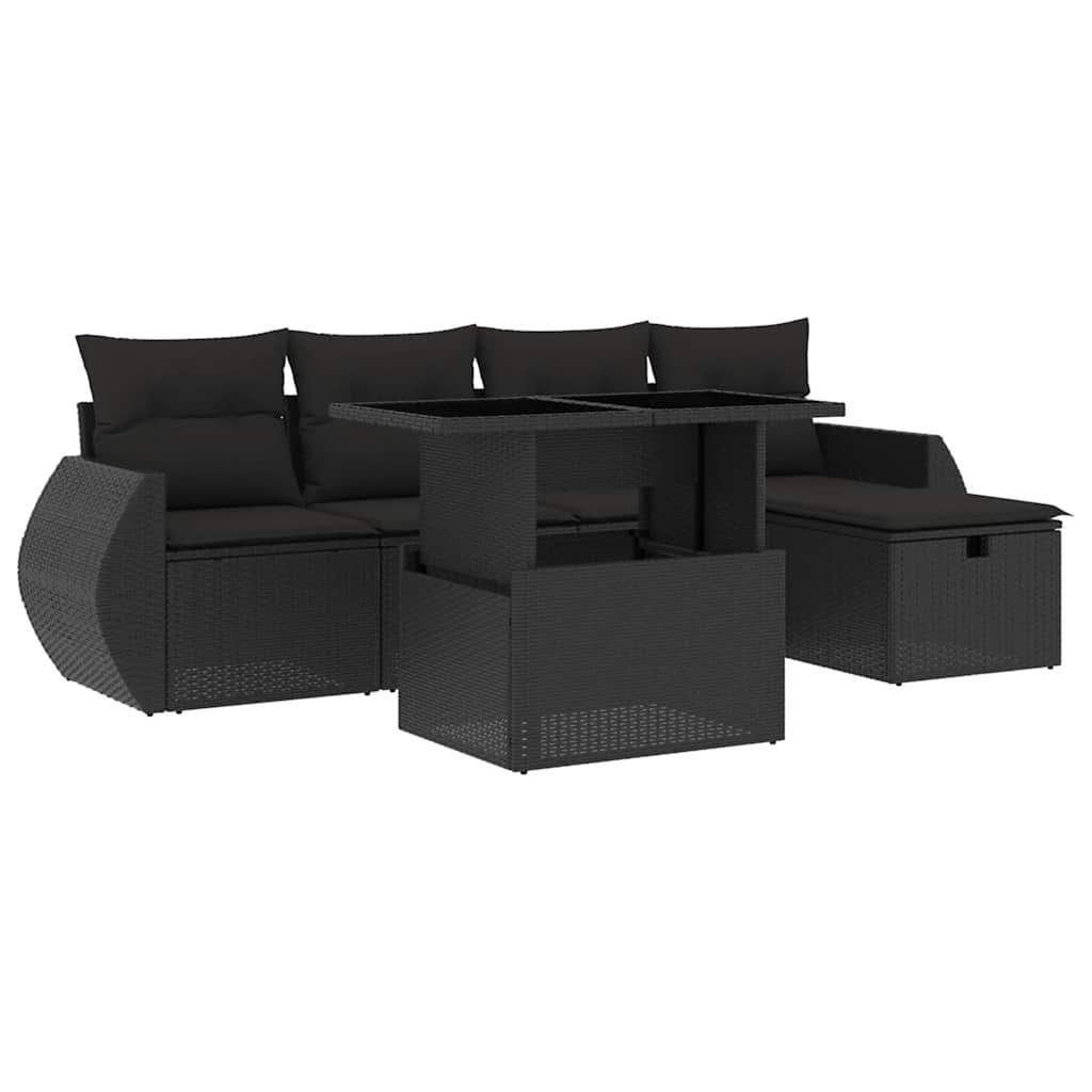6-delige Loungeset met kussens poly rattan zwart – afbeelding 2