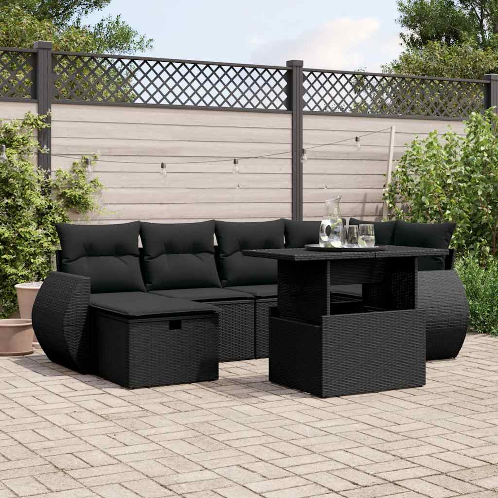 7-delige Loungeset met kussens poly rattan zwart – afbeelding 1
