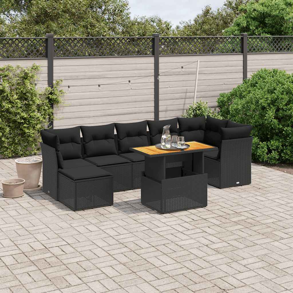 8-delige Loungeset met kussens poly rattan zwart – afbeelding 1