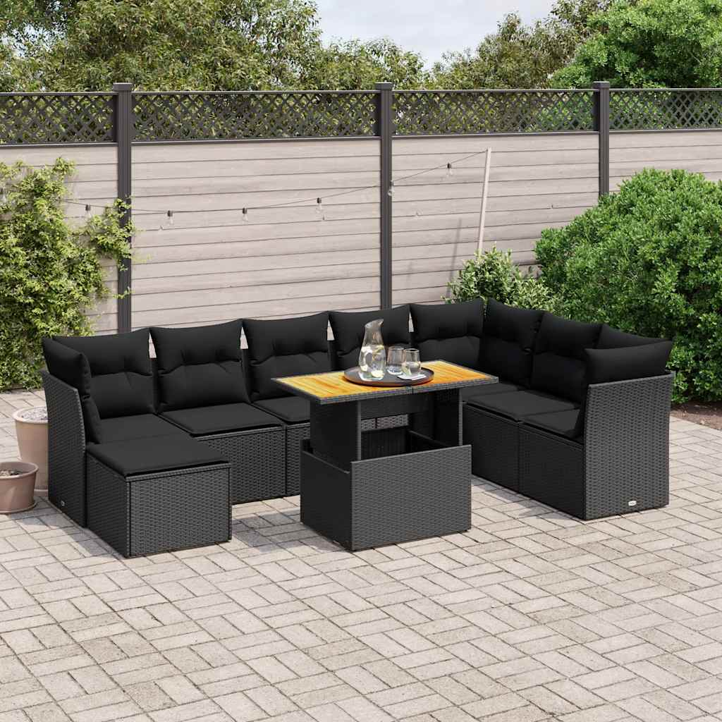 9-delige Loungeset met kussens poly rattan zwart – afbeelding 1