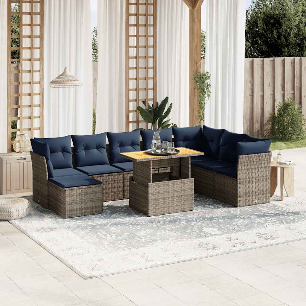 9-delige Loungeset met kussens poly rattan grijs – afbeelding 1