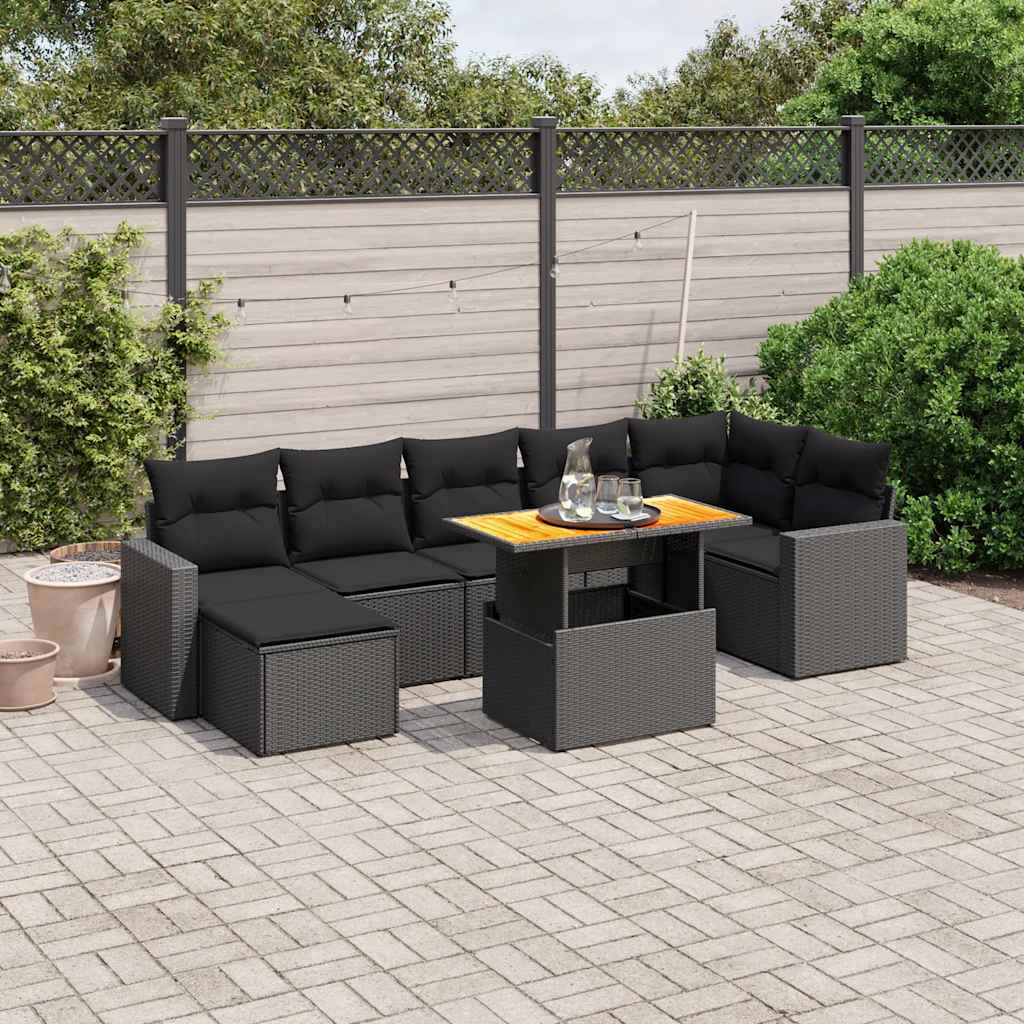 8-delige Loungeset met kussens poly rattan zwart – afbeelding 1